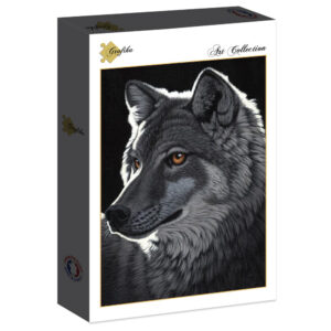 Grafika puslespill med motiv av en ulv om natten.