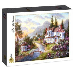 Grafika puslespill med motiv av en villa i et landskap